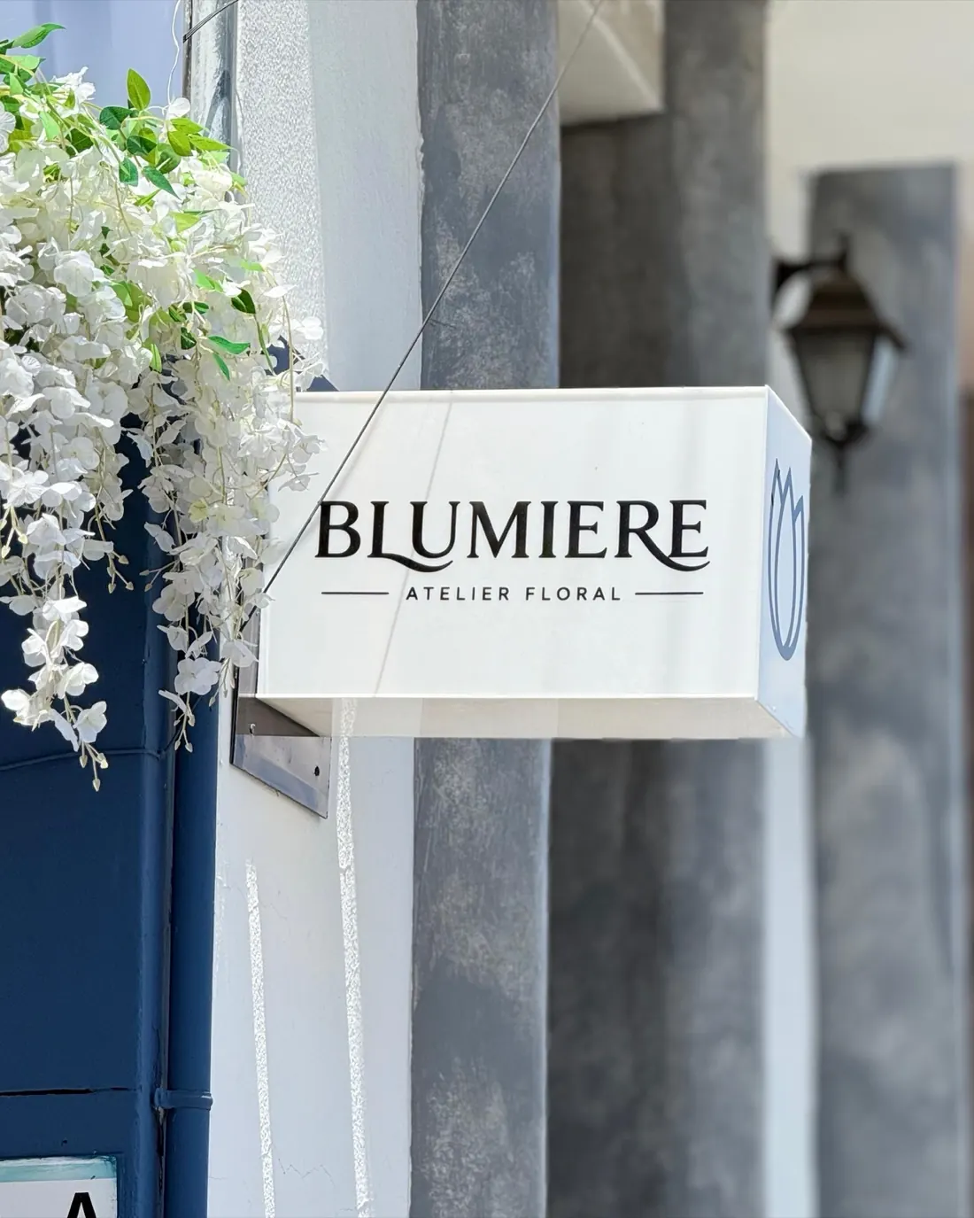 Letrero de BLUMIERE Atelier Floral en la fachada, entre glicinas blancas